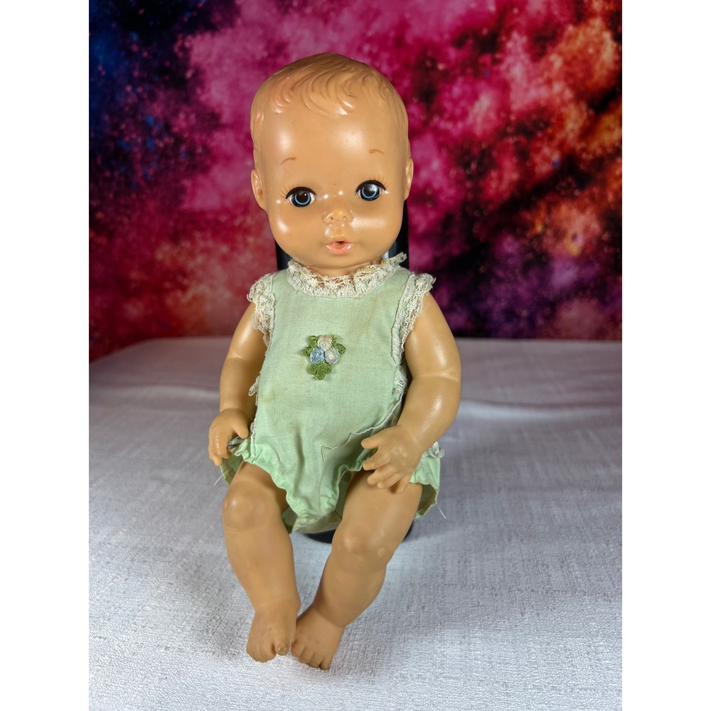 Vintage 1973 Hong Kong Vinyl Baby Doll Blue Eyes Green Embroidered Romper